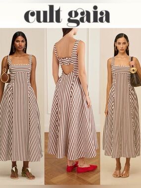 Cult Gaia Carla Dress Brown & White Striped Tie-Back Midi Sz 0 NWT $758